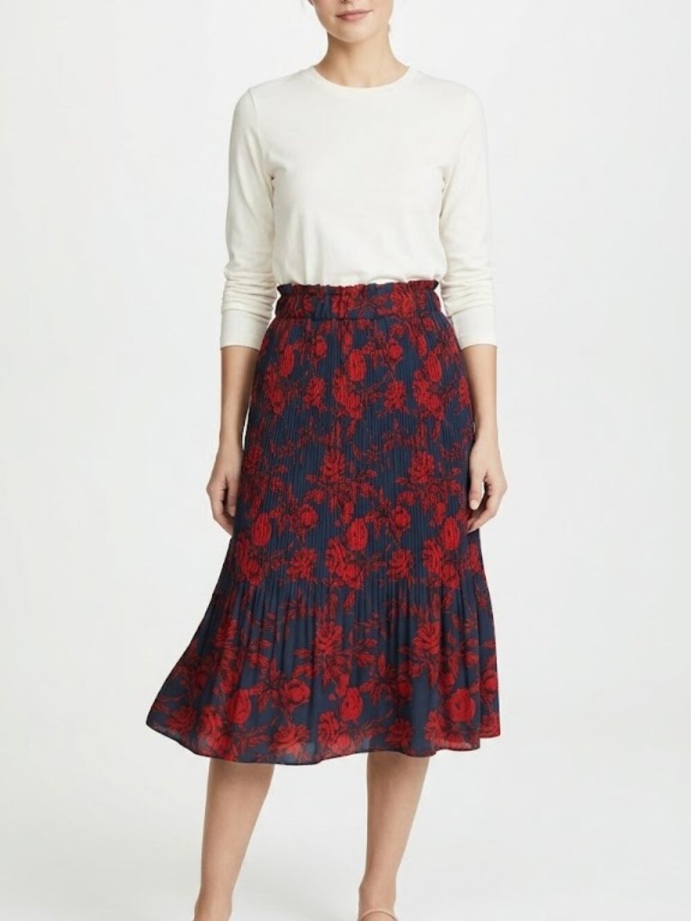 Ecowish Navy Red Rose Floral Accordion Pleated Midi Skirt Pockets Size L